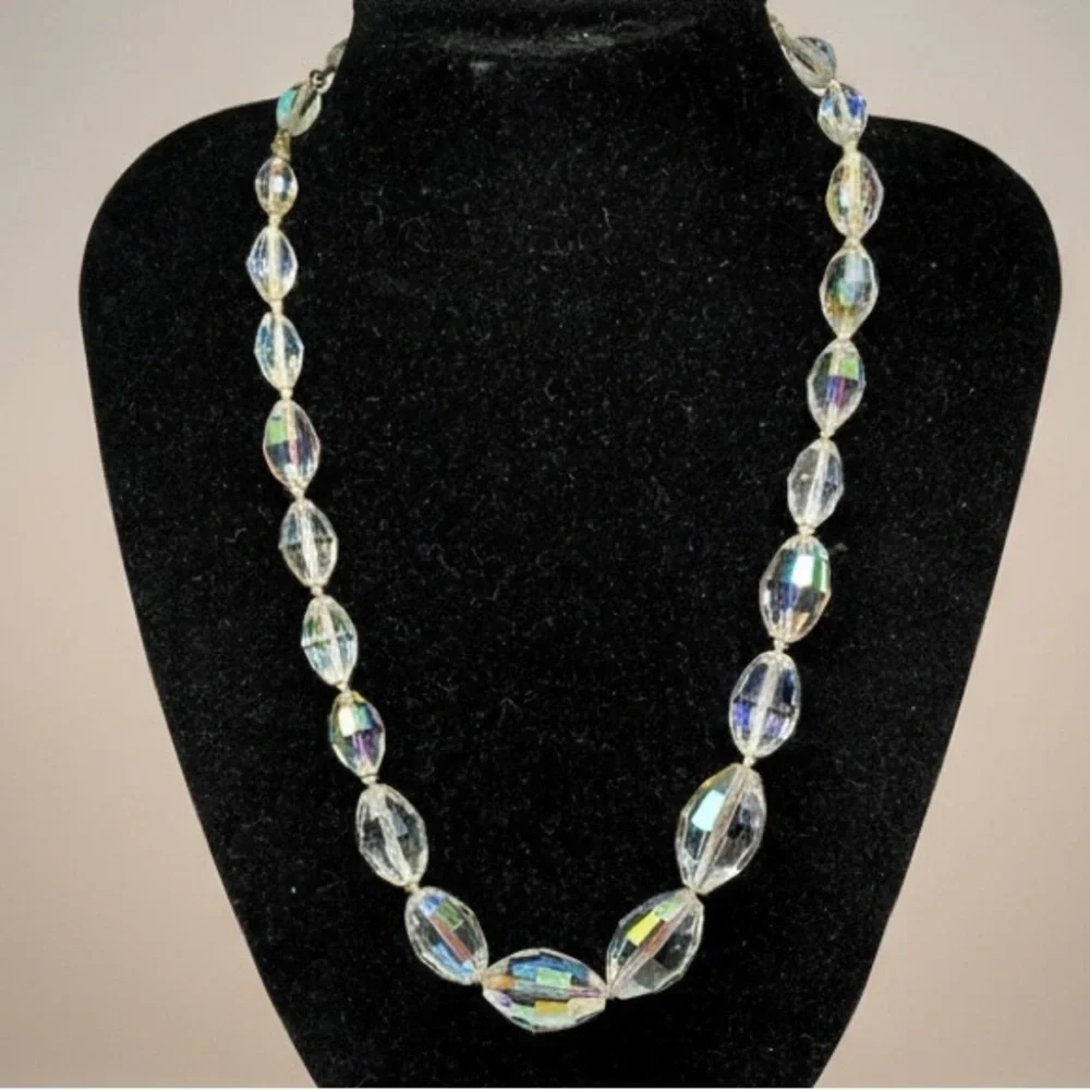 Vintage Laguna Aurora Borealis Crystal Bead Necklace Faceted AB Glass Graduated